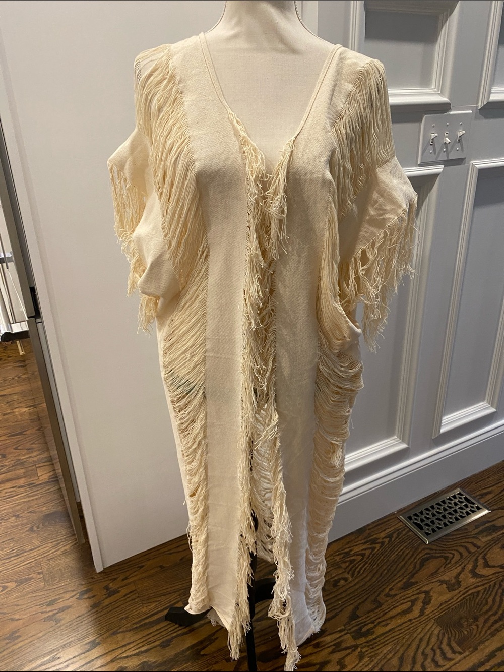 Fringed Open-Front Cream Women's Full Length Kimono Vest From Bali